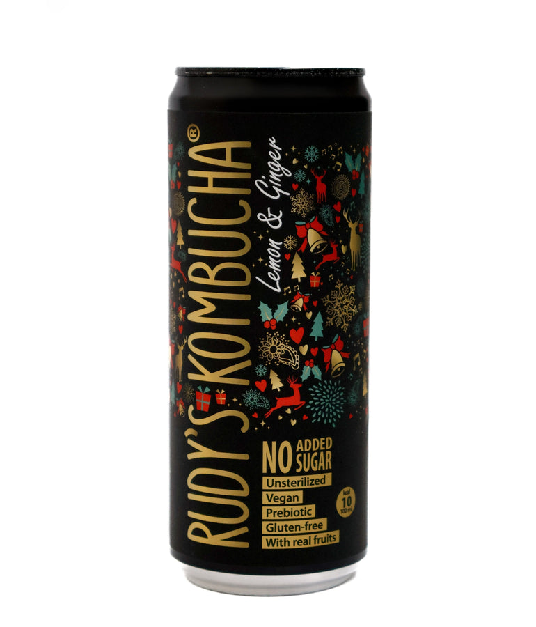Rudy's Kombucha Lemon & Ginger can with black background and colorful design