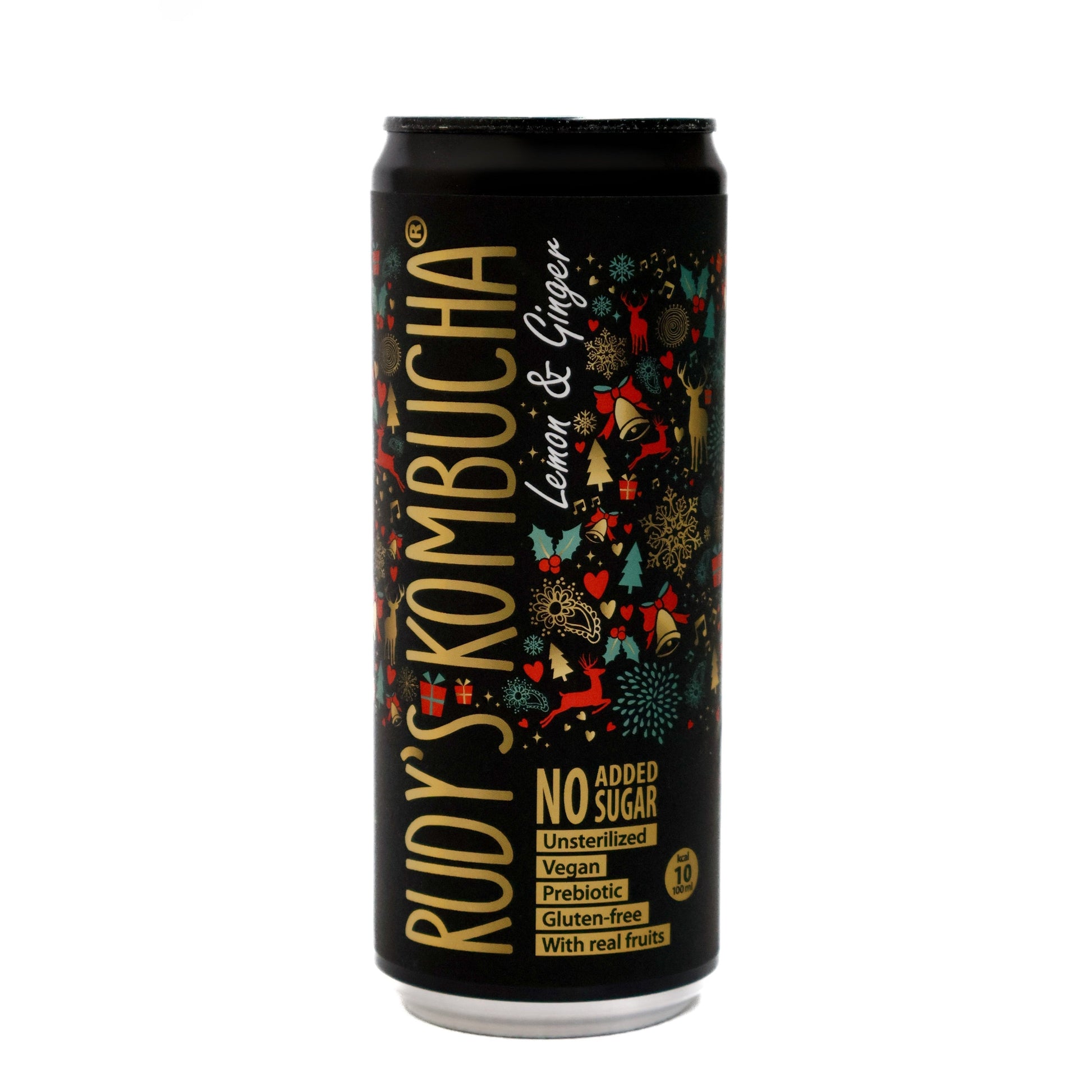 Rudy's Kombucha Lemon & Ginger can with black background and colorful design