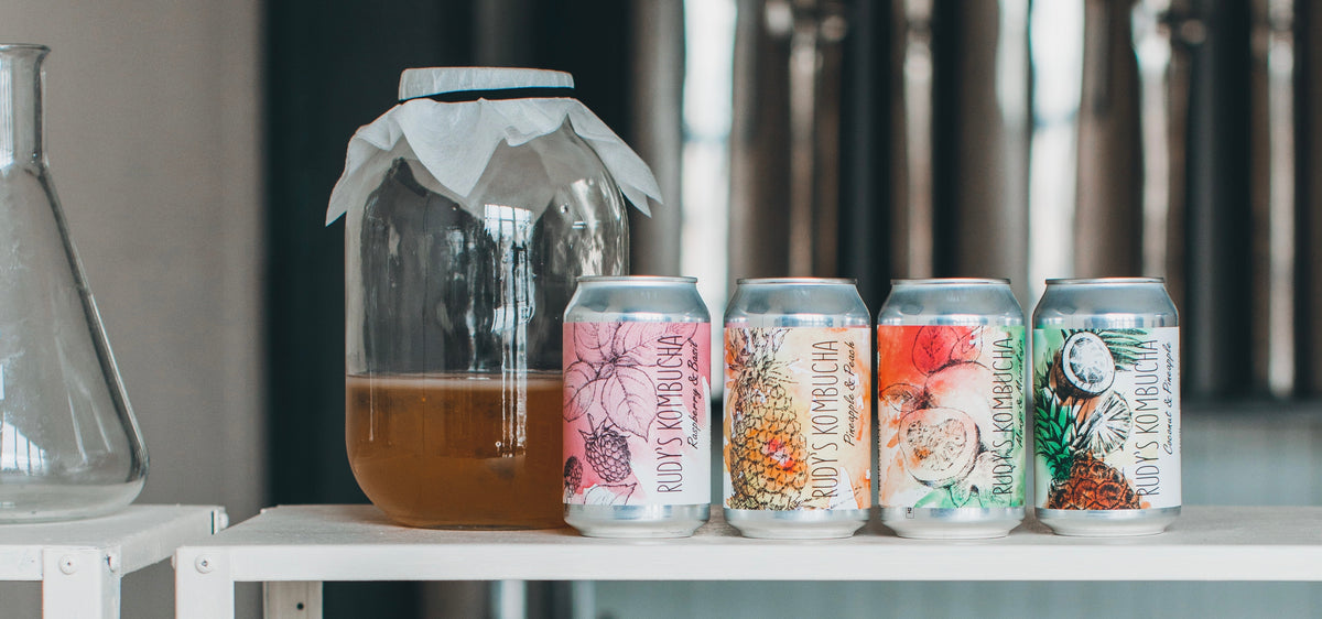 A glass vessel of fermenting kombucha beside a row of cans