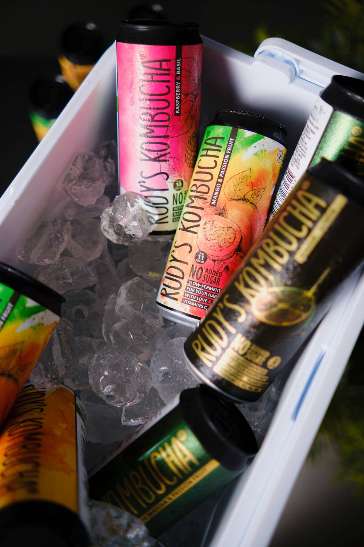 Rudy's Kombucha cans in a box of ice