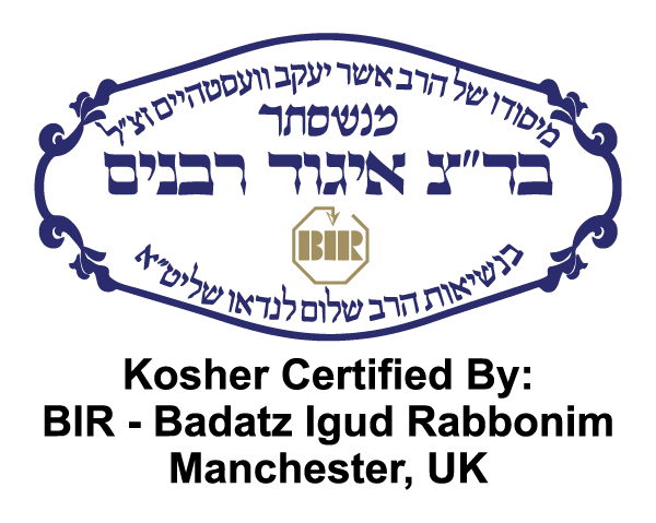 Kosher certified by BIR - Badatz Igud Rabbonim, Manchester