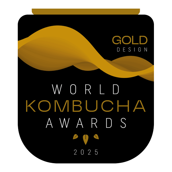Guldmedalj för burkdesign i World Kombucha Awards 2025 - Rudy's Kombucha Matcha & Passionsfrukt